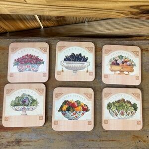 Set of 6 Vintage Pimpernel Colorful Vegetable Bowls Cork Back Coasters 4 1/8”